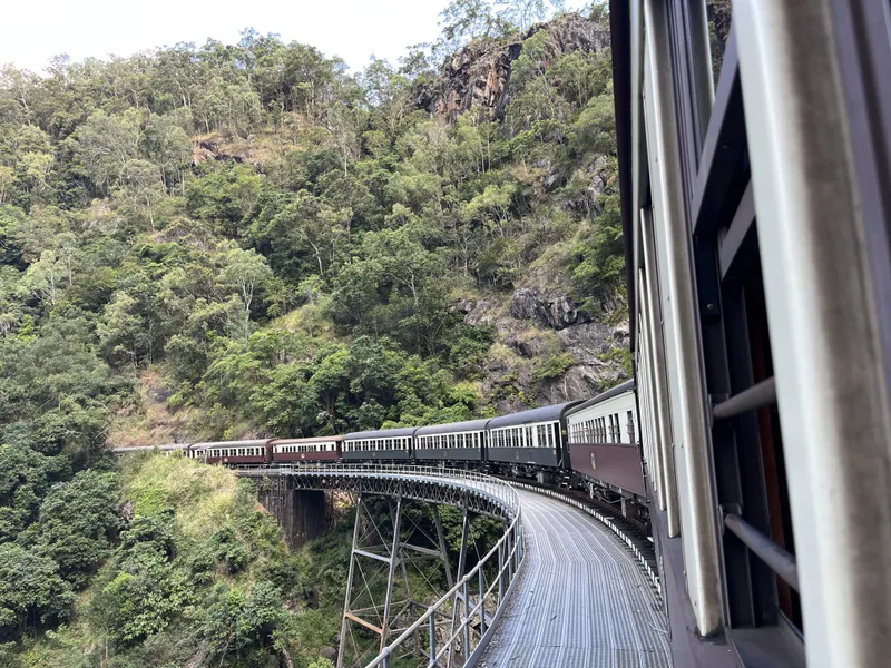 The train curving across the Stoney Creek bridge