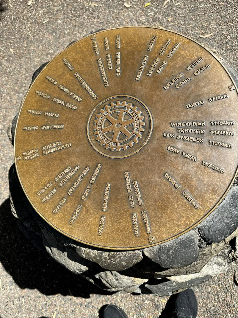 A bronze plaque pointing the way to cities around the world