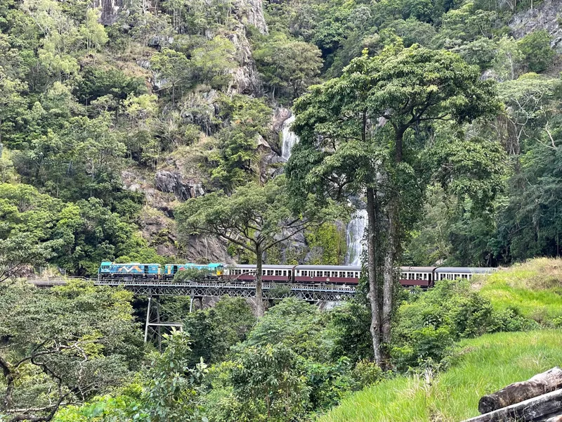 The train crossing the Stoney Creek bridge in front of the falls