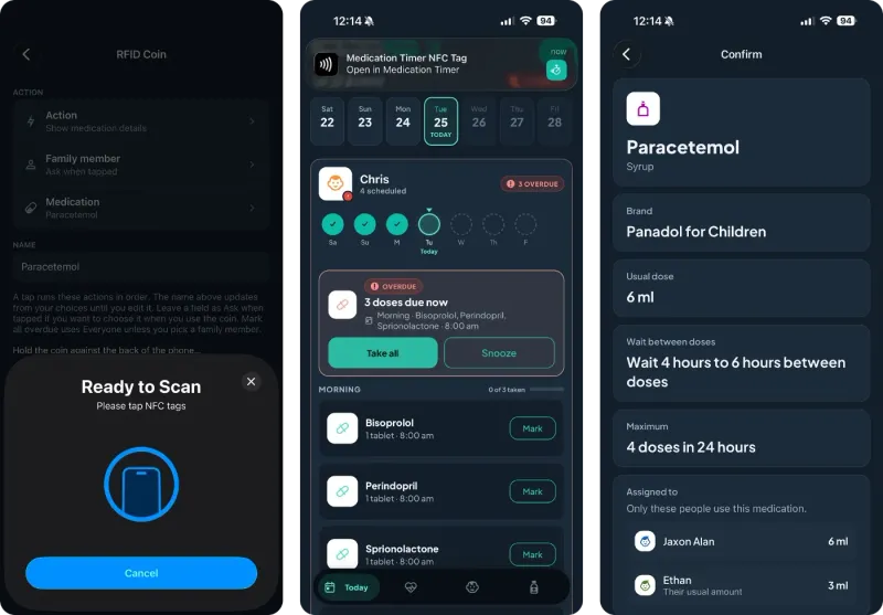 Three Medication Timer screens: scanning an NFC tag, the Today view, and confirming a paracetamol dose