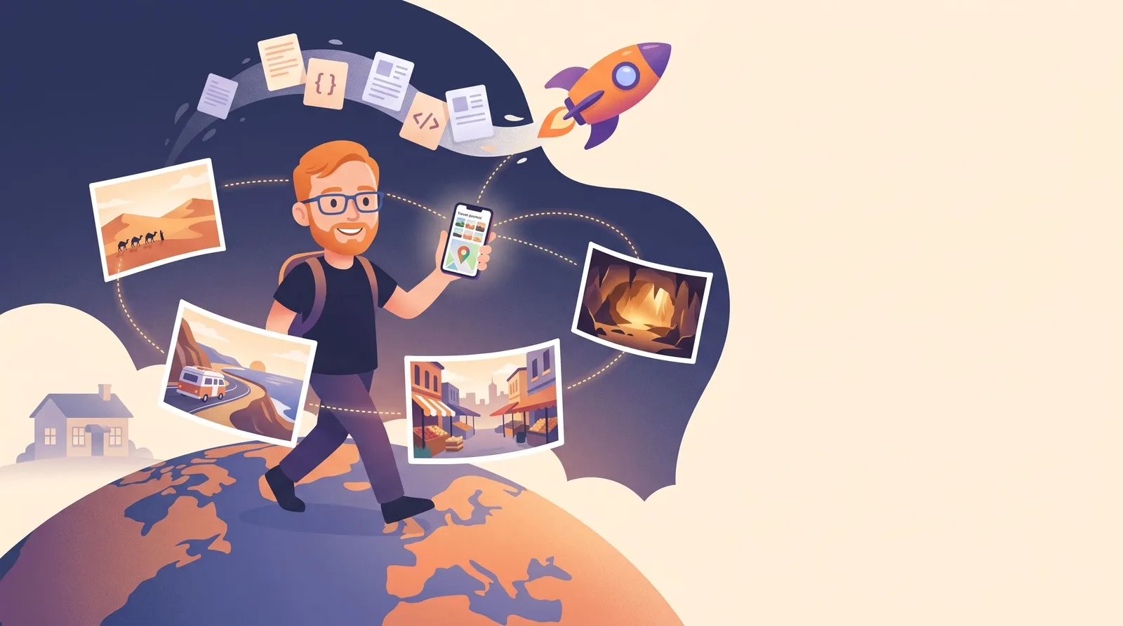 Illustration of Chris with a backpack walking across the globe, holding up a phone with a travel journal, surrounded by travel photos and a rocket trailing pages and code
