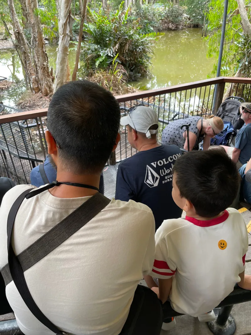 A man and a boy watching from the stands at the lagoon