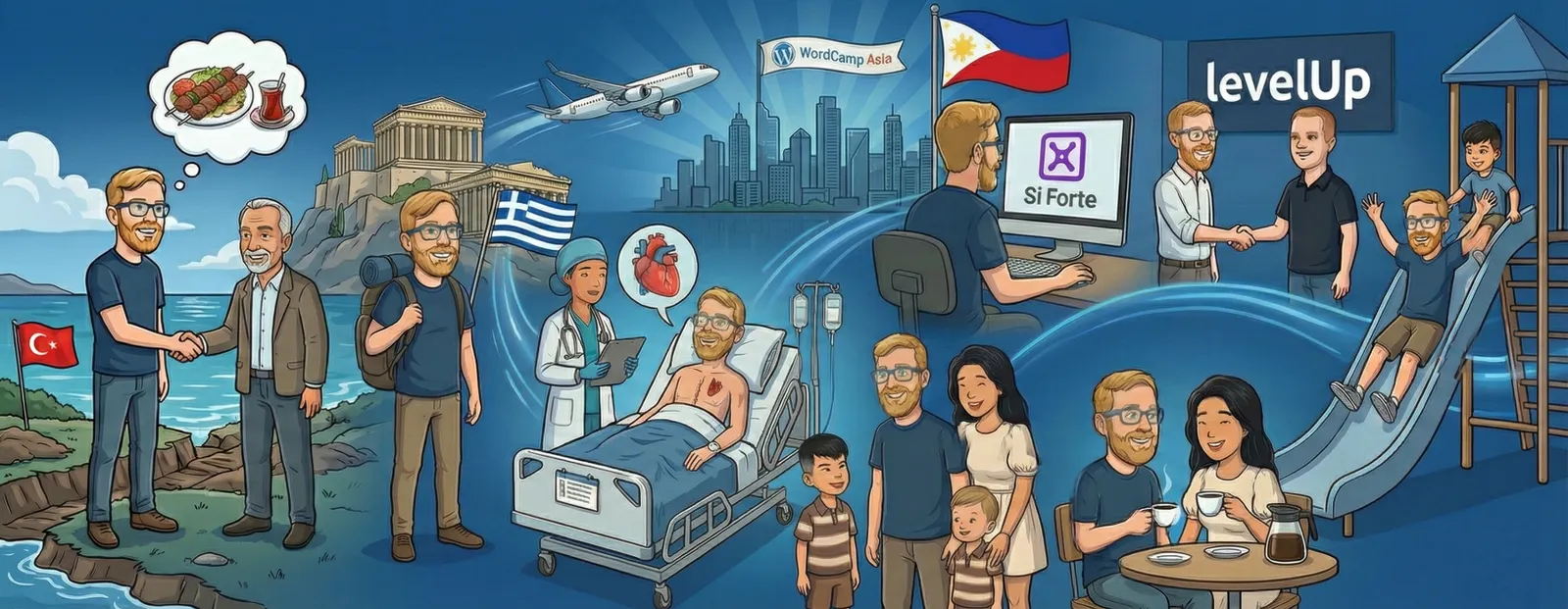 Cartoon of Chris's year: travel to Turkey and Greece, LevelUp, Si Forte, hospital and family