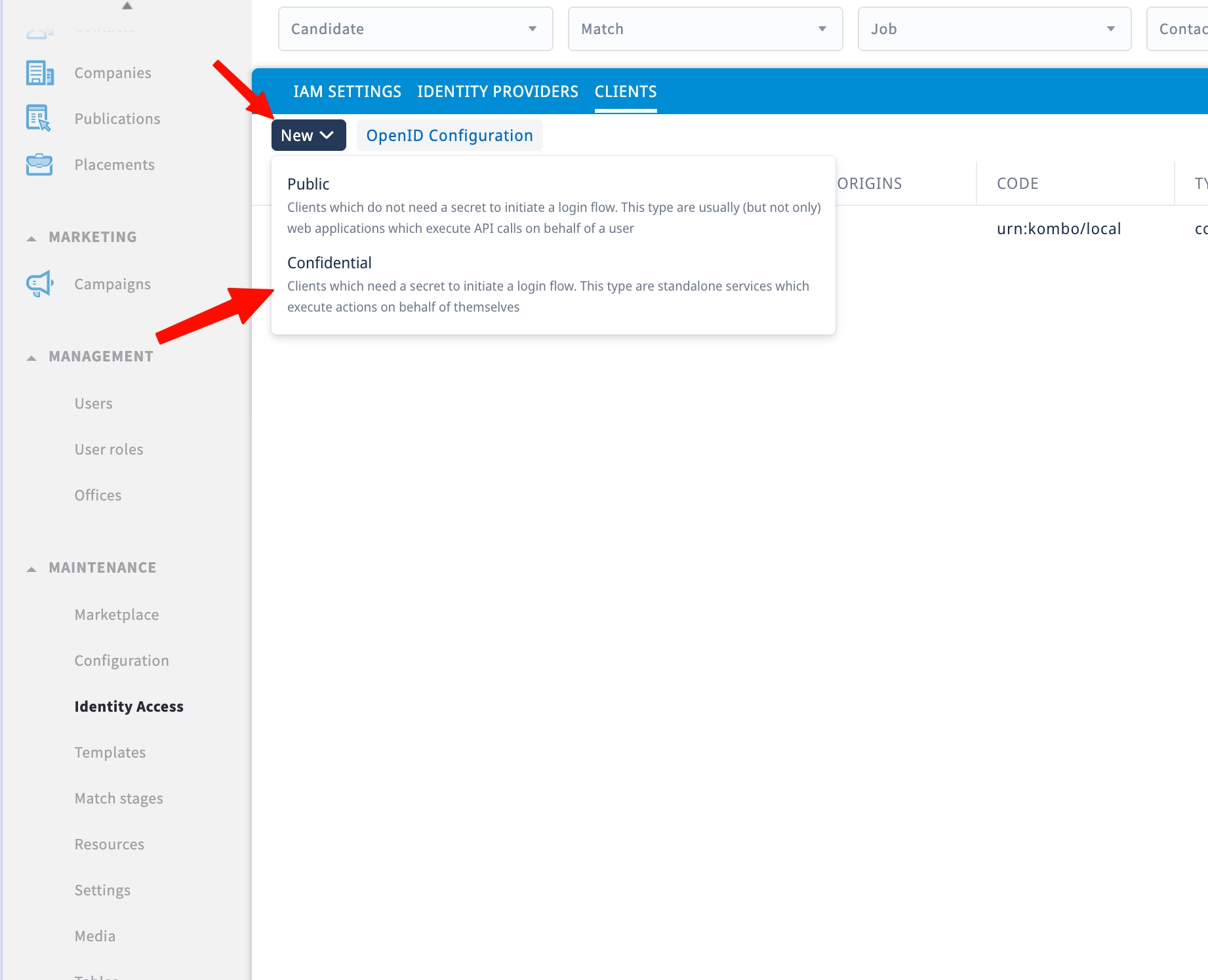 New client menu with the Confidential option
