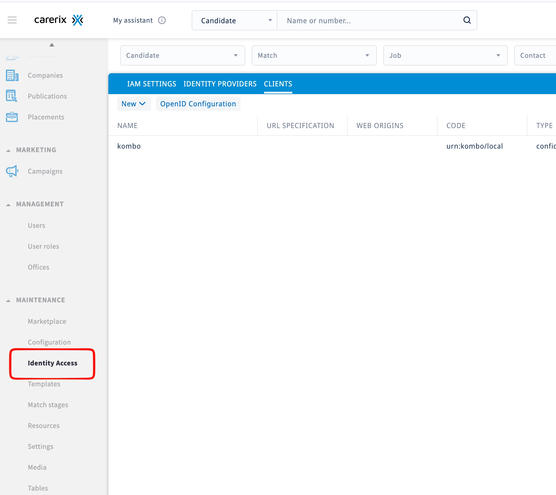 Carerix Maintenance menu with Identity Access and the CLIENTS tab