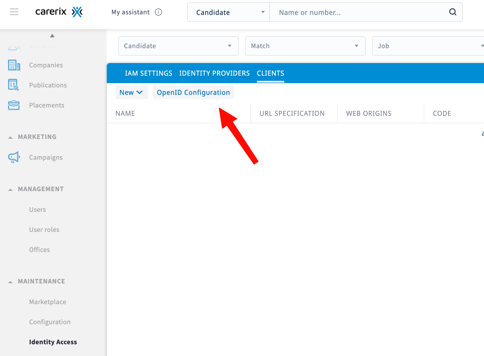 OpenID Configuration button on the CLIENTS tab