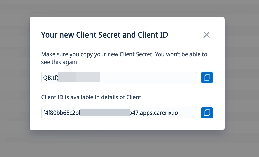 Client ID and Client Secret shown after saving