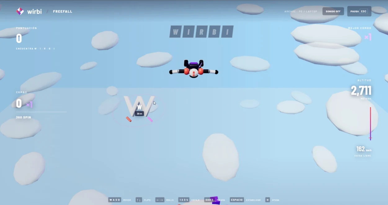WIRBI Freefall en ejecución: el personaje en caída libre entre nubes, buscando las letras W-I-R-B-I, con marcador, combo y altitud en pantalla