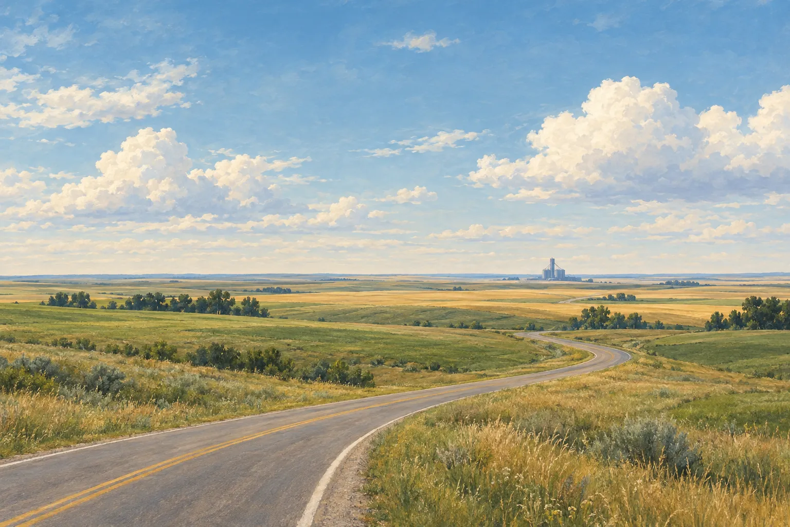Illustration of Nebraska prairie and a rural road with distant grain elevators