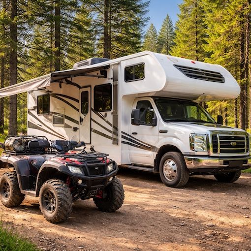 Motorhome and all-terrain vehicle parked at a wooded campsite
