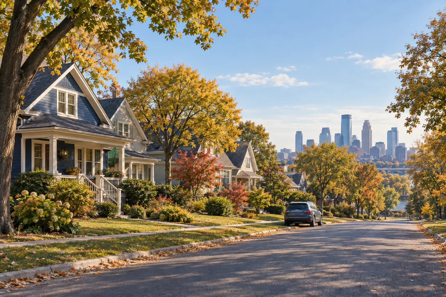 Illustration of a Minnesota neighborhood with homes, a car and distant city skyline