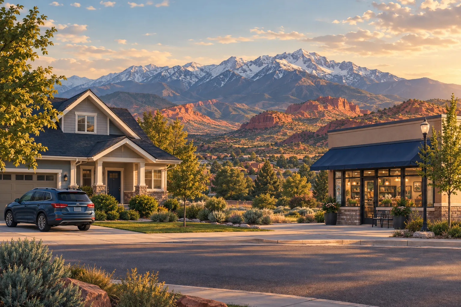 Illustration of a Utah neighborhood with a home, car, small business and mountains