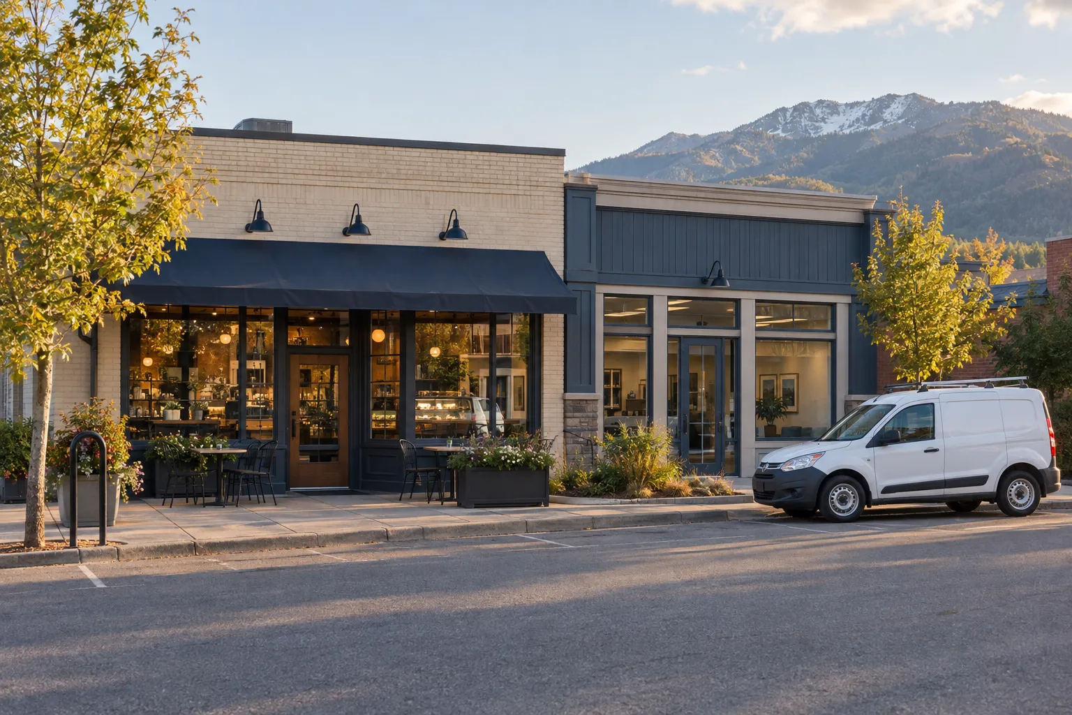Illustration of neighborhood storefronts and a business vehicle