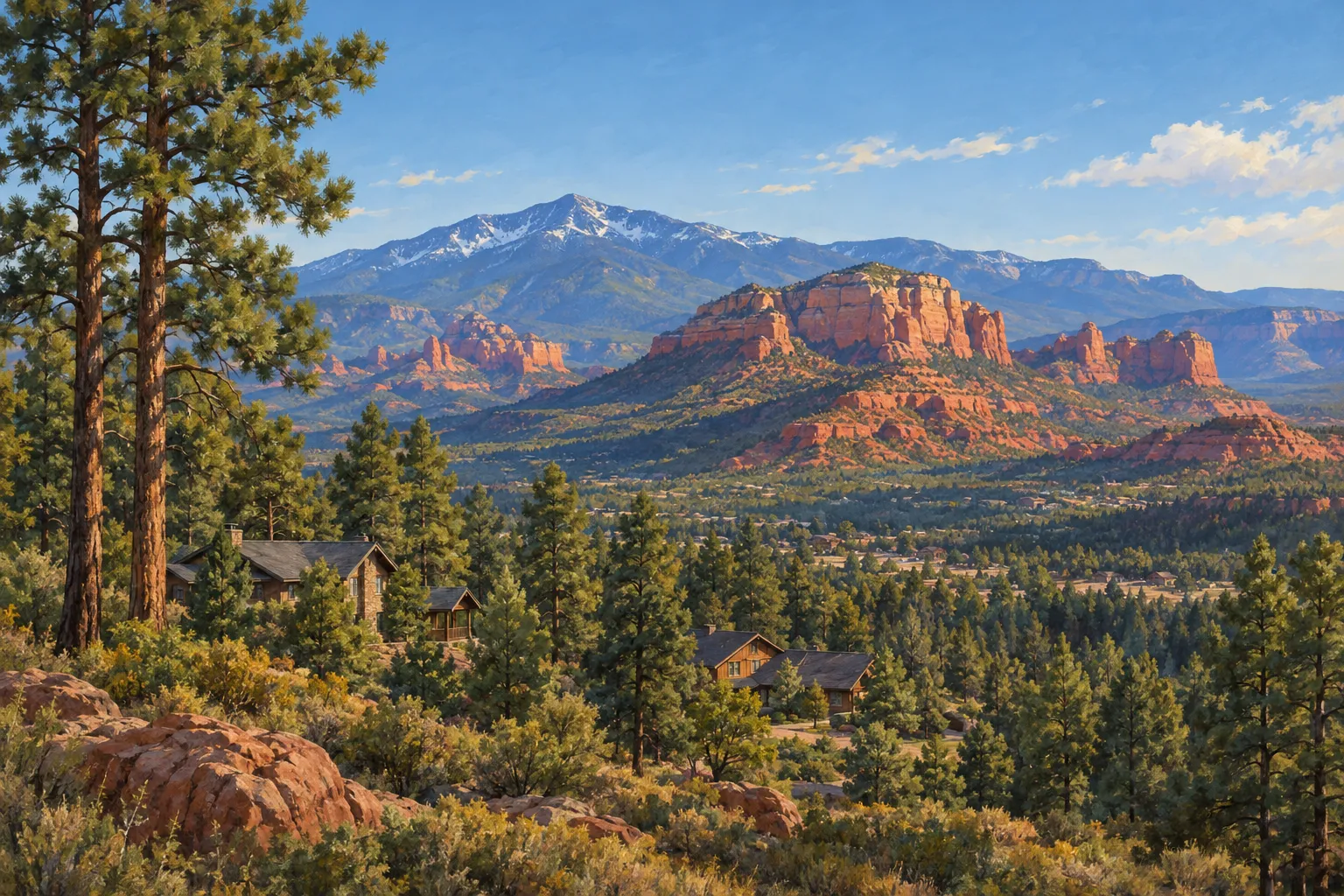 Illustration of northern Arizona high country with pines, red rock and homes