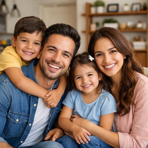 Parents smiling with their two children at home