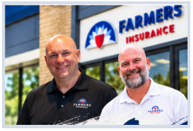 Joel McKinnon and Nicholas Hill standing together outside a Farmers Insurance office