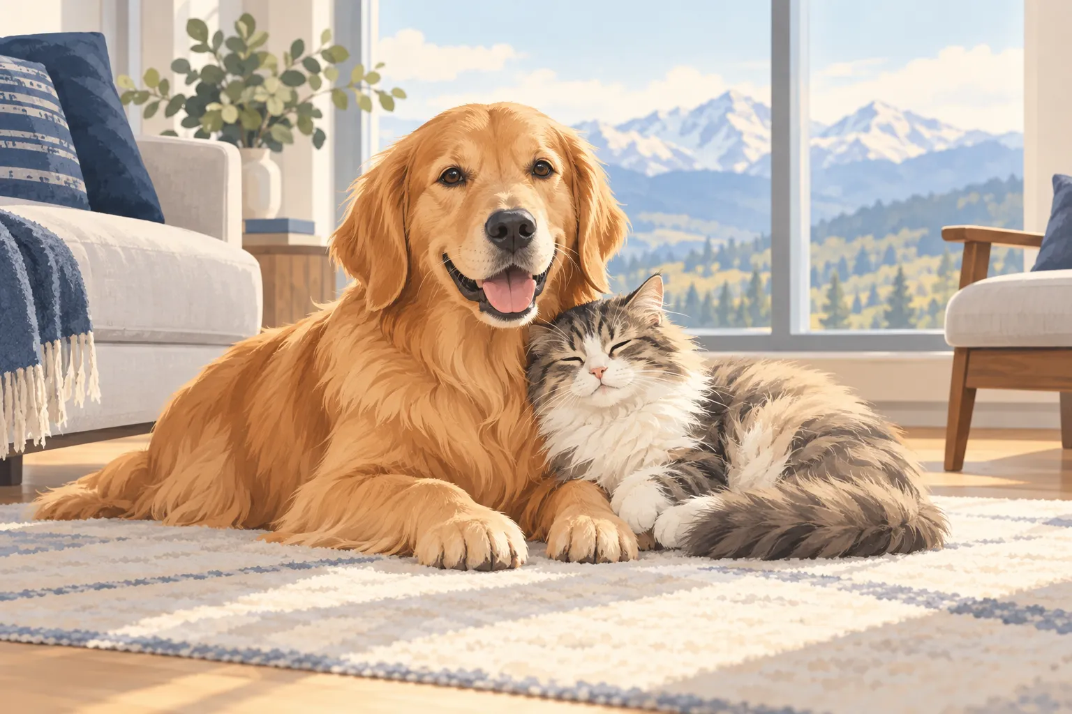 Dog and cat relaxing together in a sunlit home