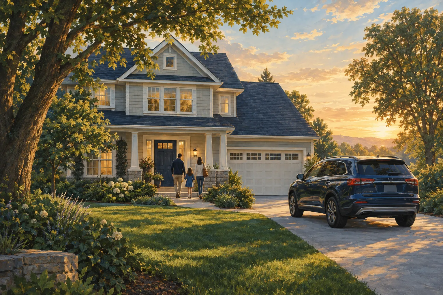 Illustration of a family walking toward their home with a car in the driveway