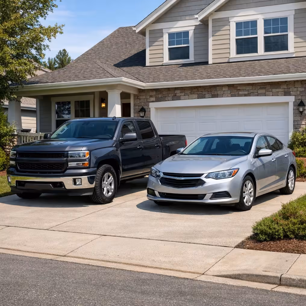 Two vehicles parked in a driveway outside a home