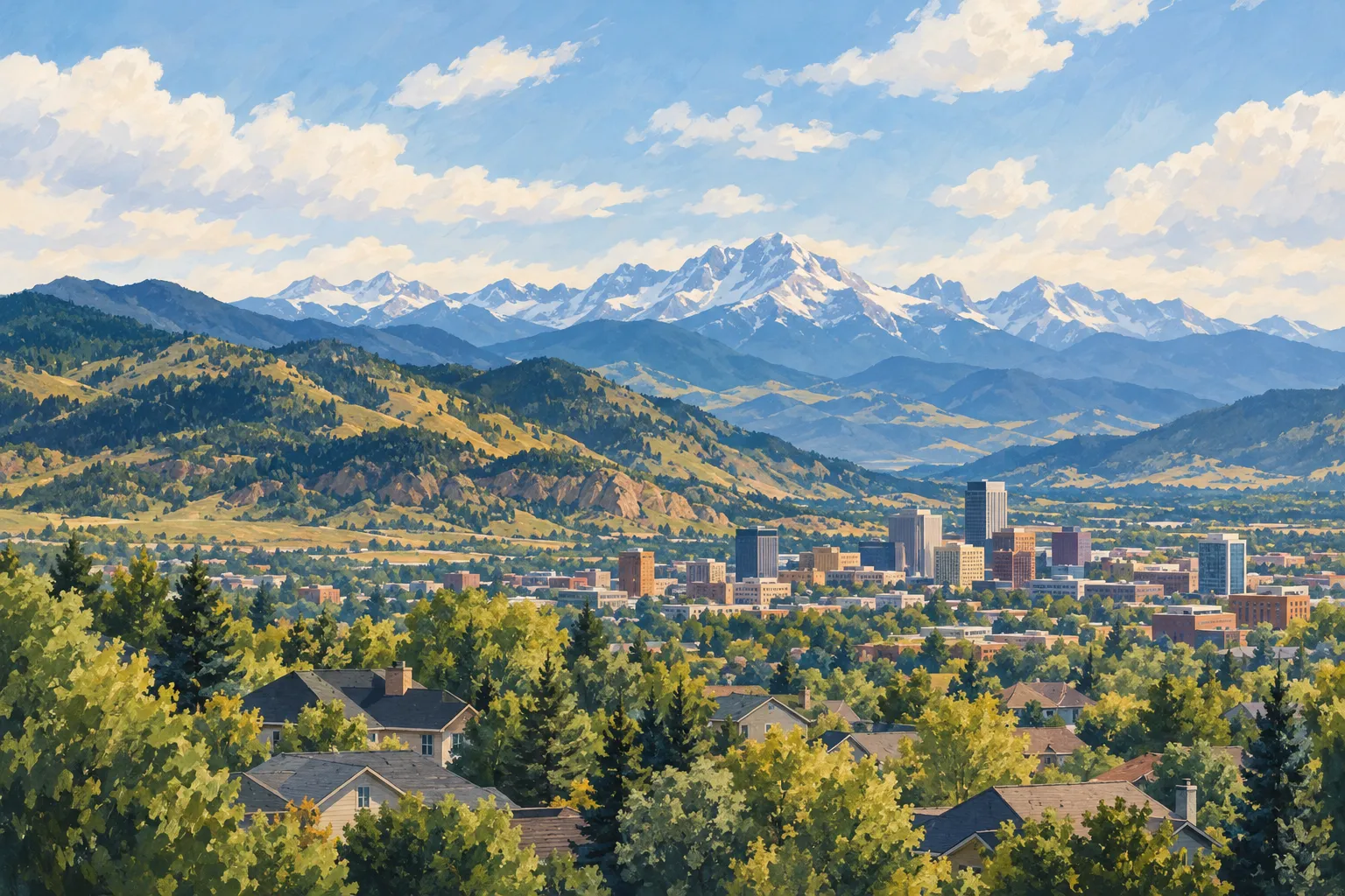 Illustration of a Colorado neighborhood below the Front Range mountains