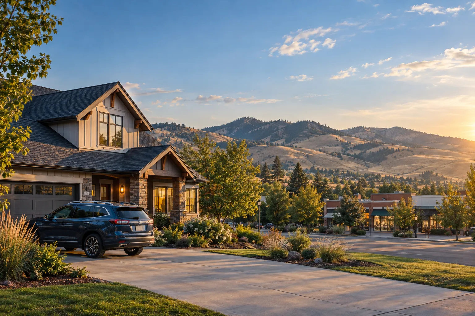 Idaho home and neighborhood with a car, trees, and foothills under an open sky