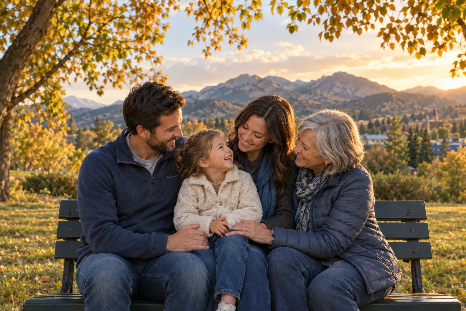 Illustration of three generations of a family together on a park bench
