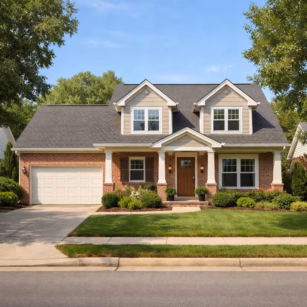 A family home with a lawn and landscaped front yard