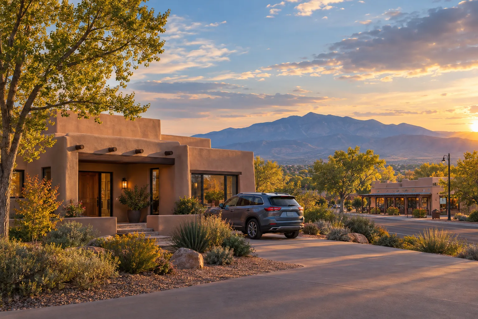 New Mexico neighborhood with an adobe-style home, car, desert landscaping, and distant mountains