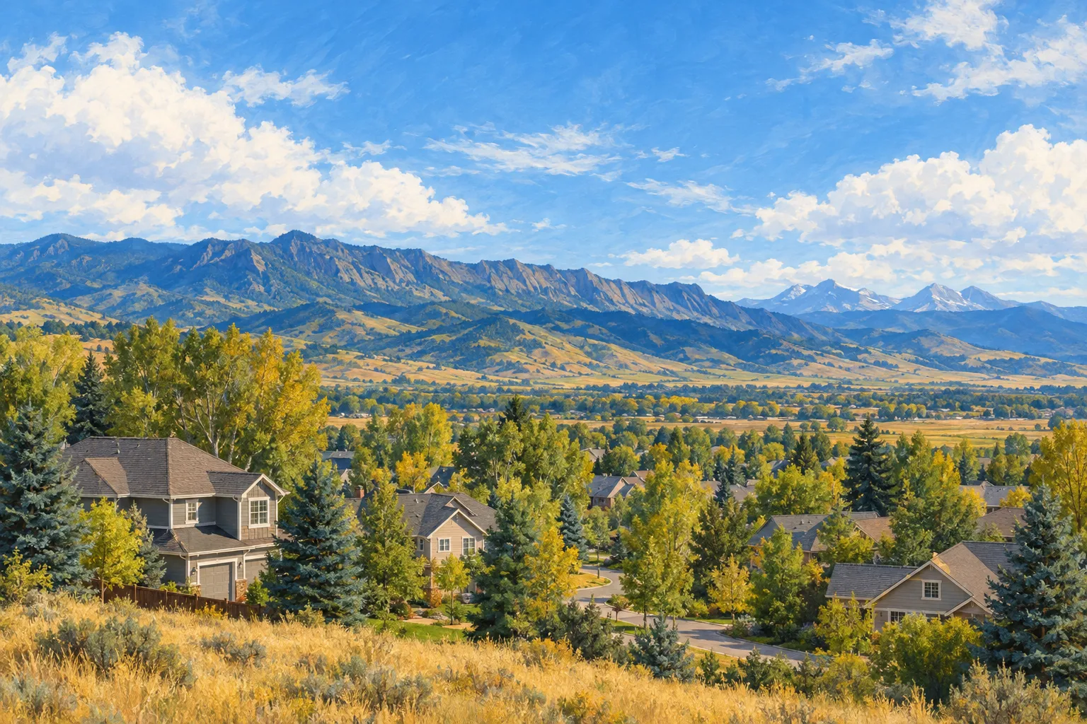 Illustration of northern Colorado foothills, homes and trees
