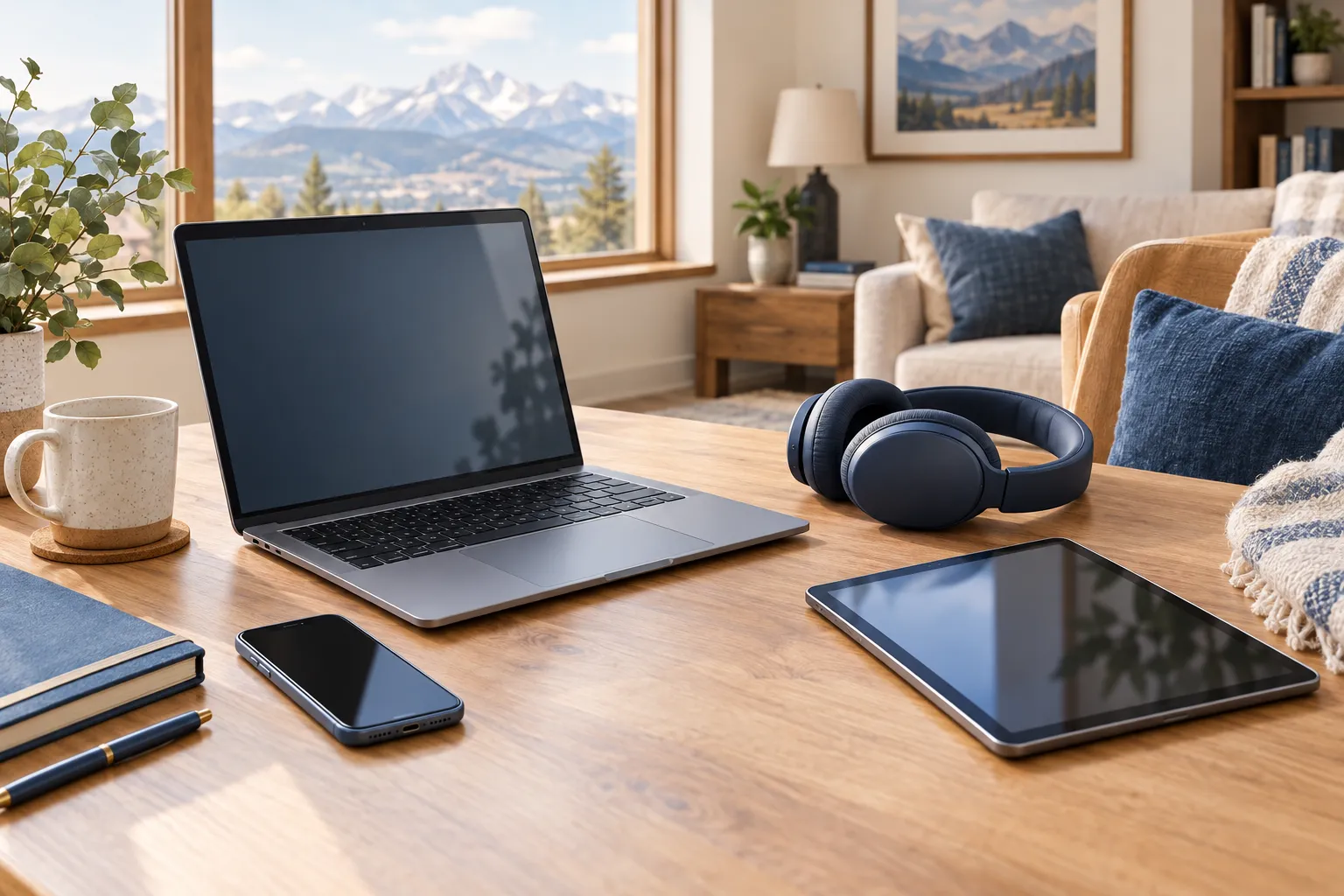 Everyday devices including a phone, laptop, tablet and headphones on a home desk
