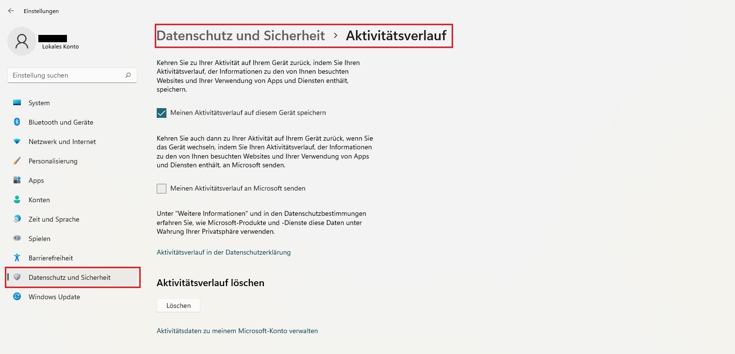 Windows 11: Aktuelle Aktivität in den Einstellungen Datenschutz