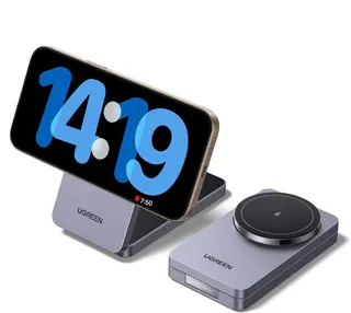 UGREEN MagFlow 2-in-1 inductielader voor iPhone Qi, opvouwbaar, compatibel met MagSafe iPhone 17 16 15 14 13 12 Air Plus Pro Max AirPods 4 3 Pro 3 2 1 standaard draadloze oplader, magnetisch