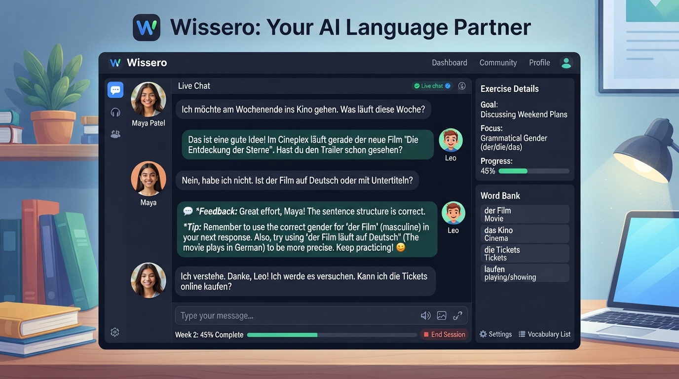 A screenshot of Wissero's AI tutor interface providing personalized feedback during a conversation exercise.