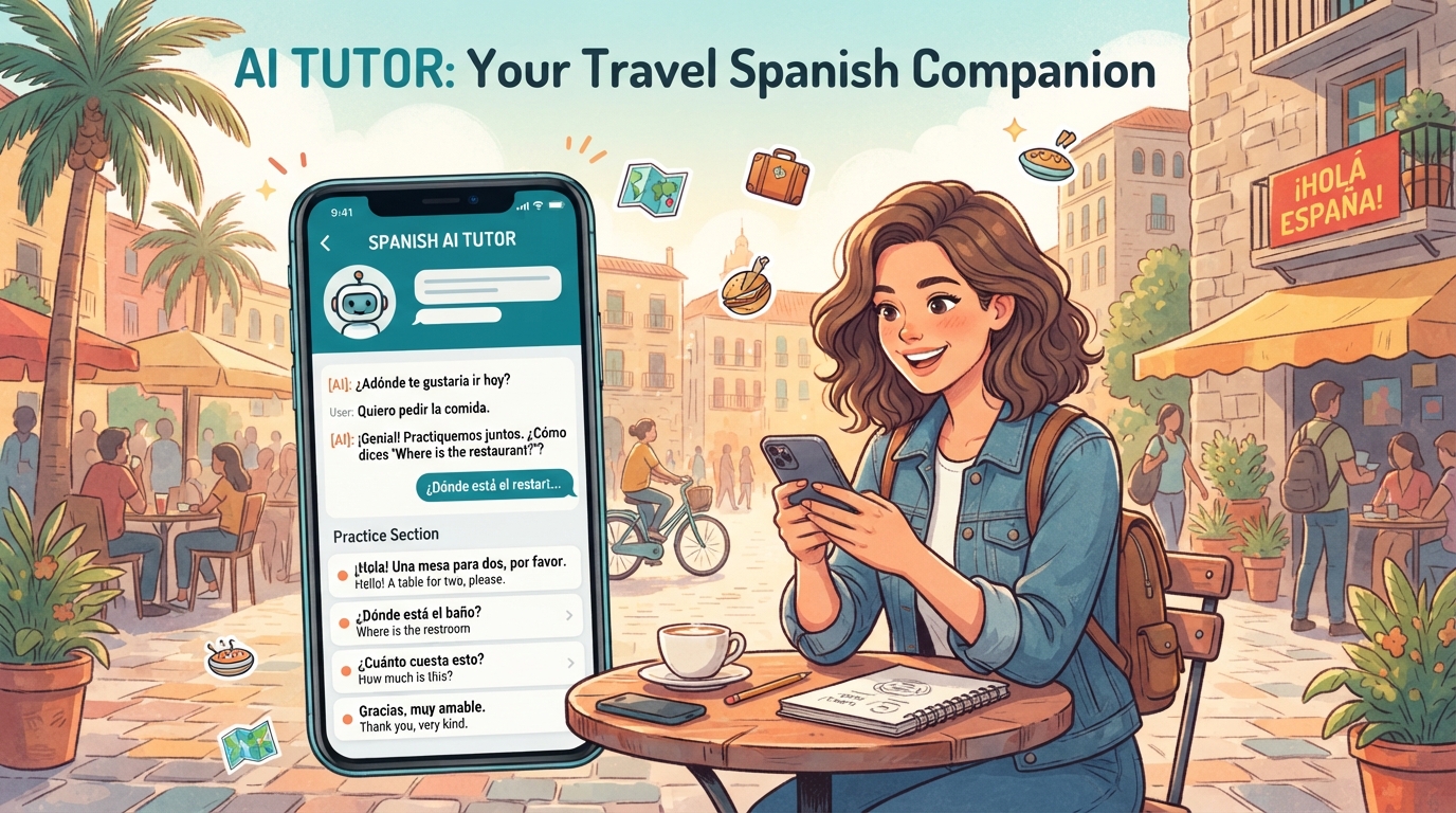 Illustration of a user interacting with an AI tutor on a mobile device, with travel-related Spanish phrases appearing on screen.