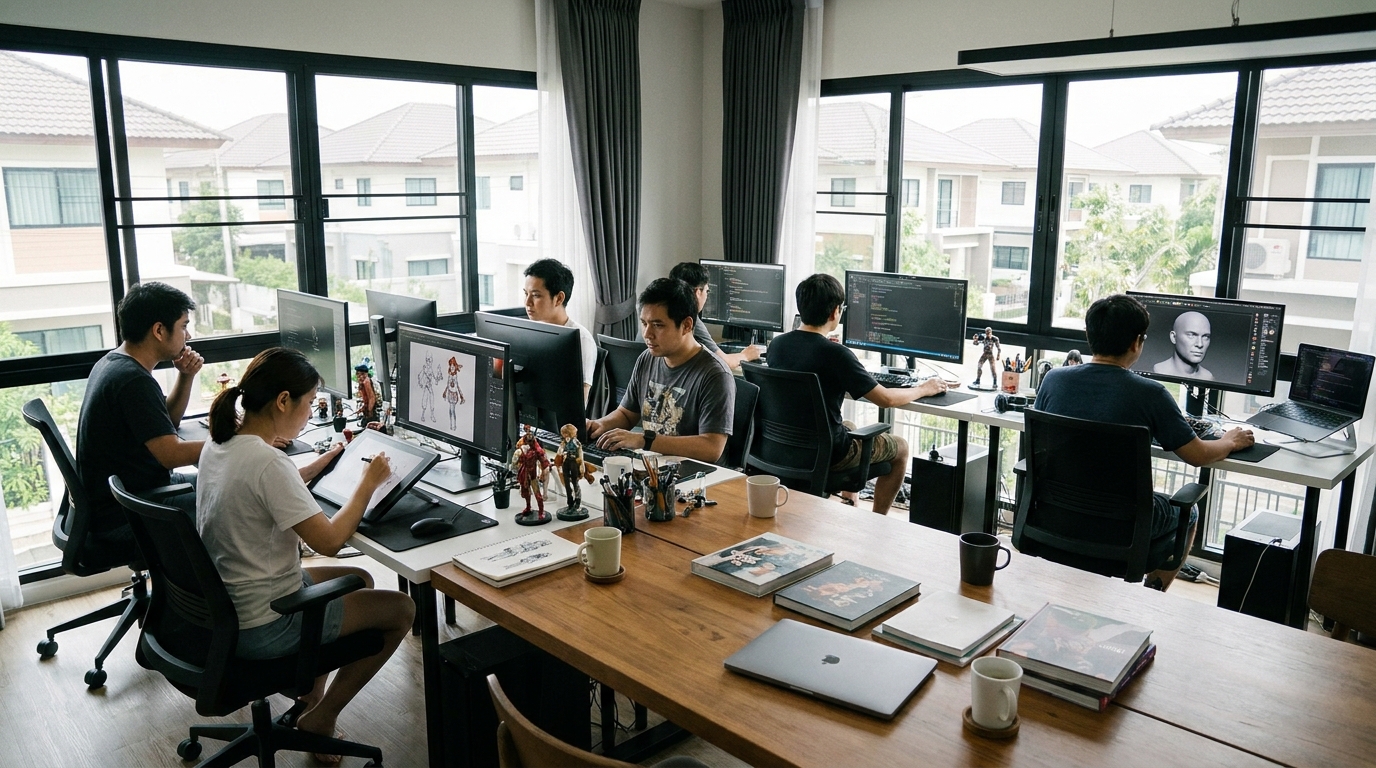 ทีมนักพัฒนาเกมมือถือ SK Game Studio กำลังทำงานร่วมกัน