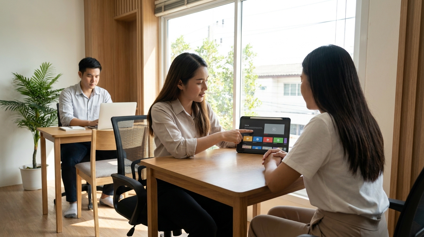 ที่ปรึกษาเปรียบเทียบแพ็กเกจ Streaming กำลังให้คำแนะนำลูกค้าผ่านจอมอนิเตอร์