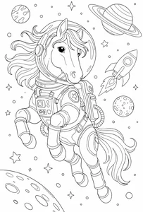 Caballo astronauta en el espacio para colorear (PDF gratis)