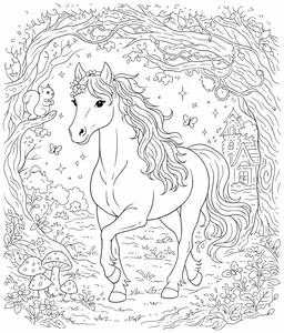 Caballo en el bosque encantado para colorear (PDF gratis)