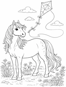 Caballo con cometa volando detrás para colorear (PDF gratis)