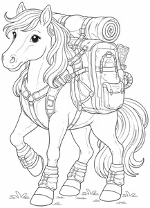 Caballo con mochila de explorador para colorear (PDF gratis)