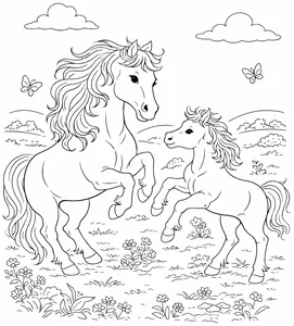 Caballo y potro jugando en la pradera para colorear (PDF gratis)
