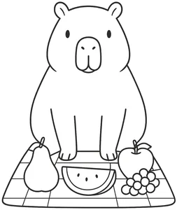 Capibara en picnic con frutas para colorear (PDF gratis)