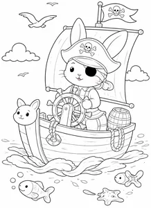 Conejo pirata navegando un barco para colorear (PDF gratis)