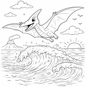 Pteranodon sobre olas del oceano para colorear (PDF gratis)