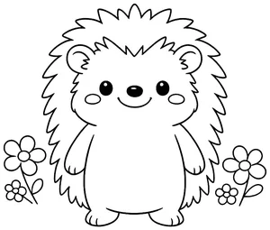 Erizo sonriente junto a flores para colorear (PDF gratis)