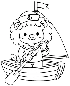 León marinero navegando un bote para colorear (PDF gratis)
