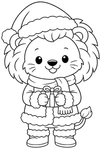 León navideño junto al árbol para colorear (PDF gratis)