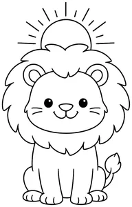 León sonriendo con sol al fondo para colorear (PDF gratis)