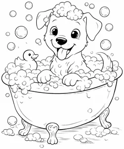 Perro bañándose con burbujas para colorear (PDF gratis)