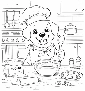 Perro chef en la cocina para colorear (PDF gratis)